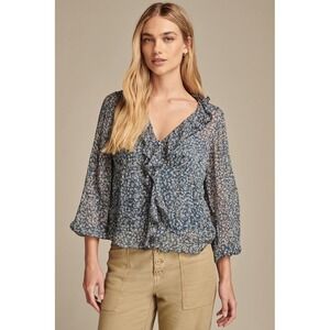 Lucky Brand Women XL Sheer Peasant Blouse Ruffle Button Up Blue Floral NEW